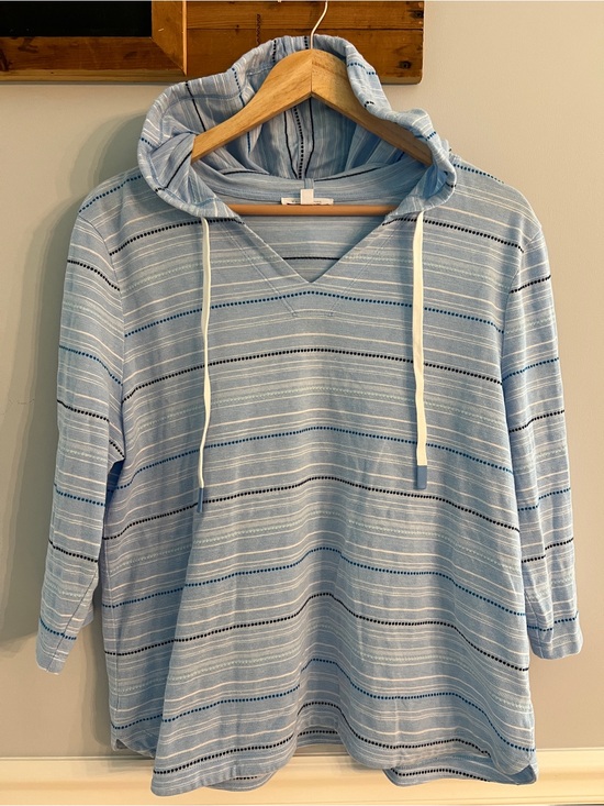 Talbots Tops - Talbots Terry Cloth Hoodie Blue Striped Beach Coverup Pullover Coastal Cottage